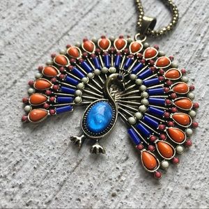 Peacock necklace Blues and Orange, gold metallic